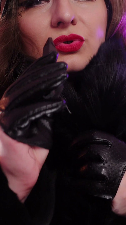 ASMR fur coat fetish, vaping smoking with leather gloves (Arya Grander) | Clip 1