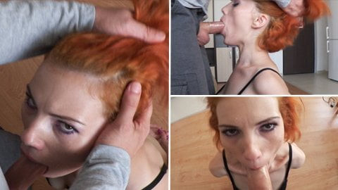 Redhead cocksucker goes on her knees for a sloppy deepthroat