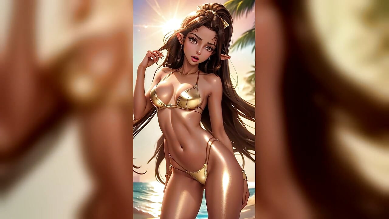 Brunette Elf Gold Bikini Sunset Beach Dance - Sexy AI Babes
