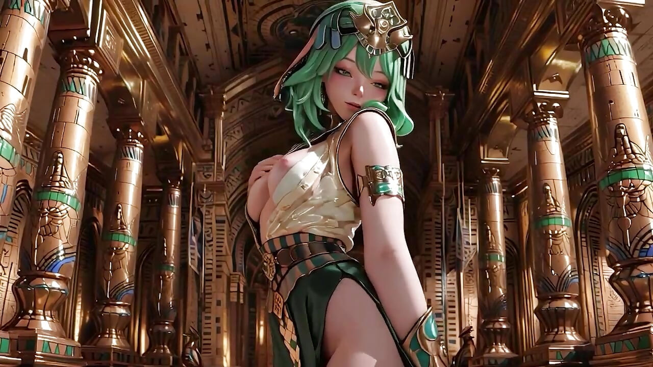 Green-Haired Egyptian Queen! Kneeling in the Golden Hall, guarded by Sphinxes.