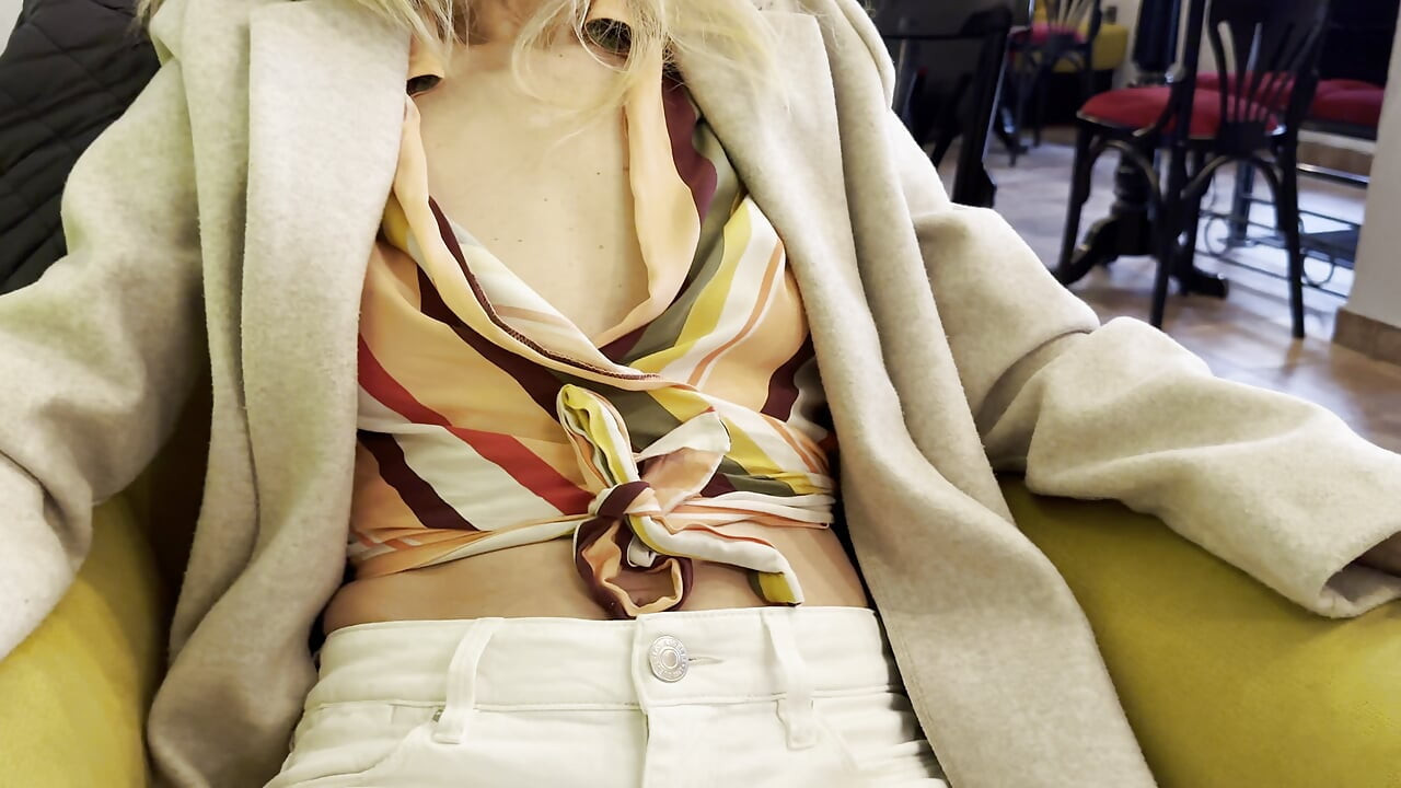 Wife exposing boobs and big pierced nipples while having coffee in a bar public while my husband plays with my boobs