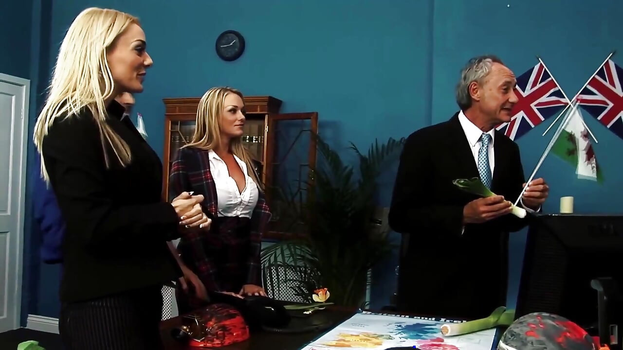 Big Boobed Brits Suck and Fuck Old Guys in Office Threesome