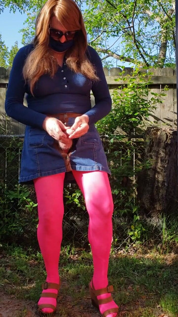 Epic moment from "Cd outdoors, feeling myself, masturbate and cum in my nylon pantyhose and miniskirt."