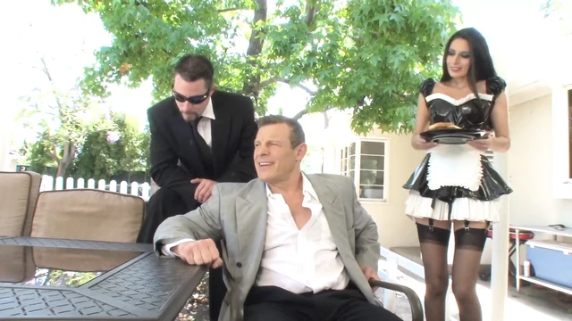 Buff stud gets his huge cock sucked by his stunning maid then fucks outside