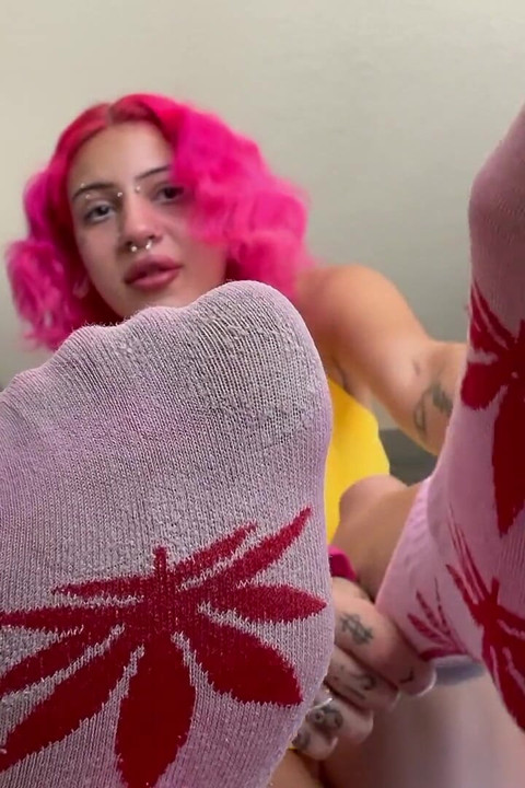 Peeling Stinky Socks off Cute Pink Soles