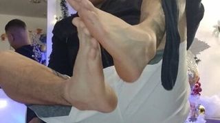 beautiful sportsman shows his feet