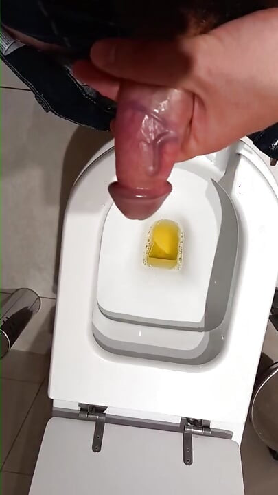 직장 화장실에서 거대한 자지로 사정하는 장면.
