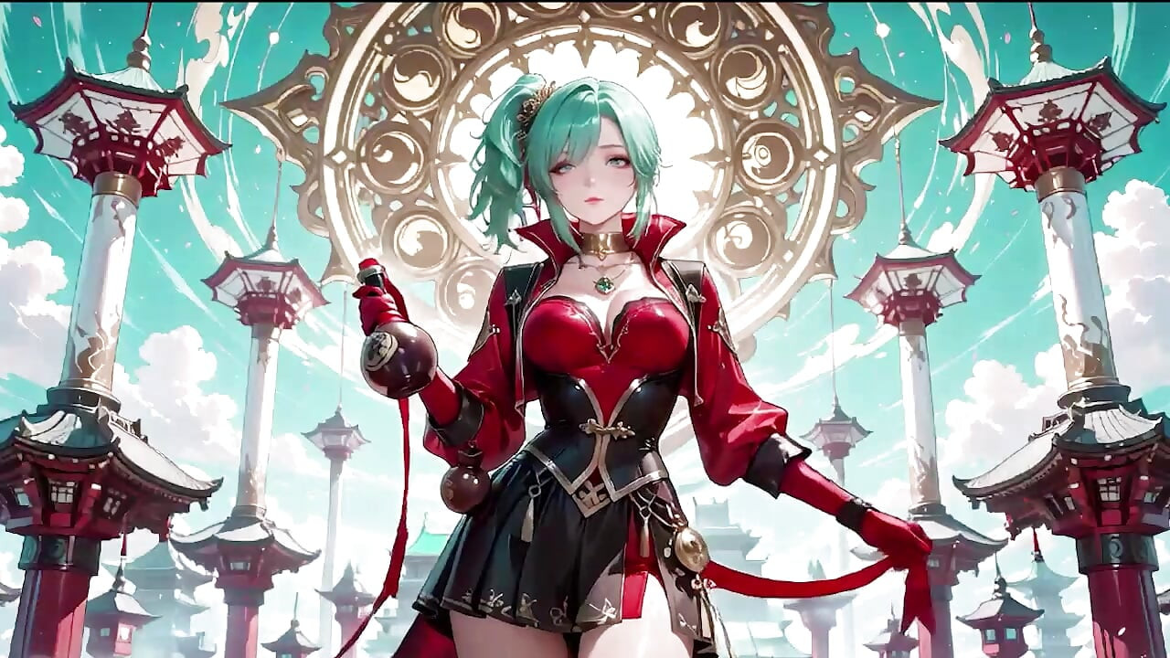 Green-haired warrior in a black-red battle robe, commanding yet shy on the floating terrace.