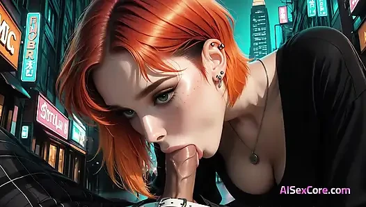 Rebel redhead rides you hard in public alley until every drop of cum soaks her big tits (AI)