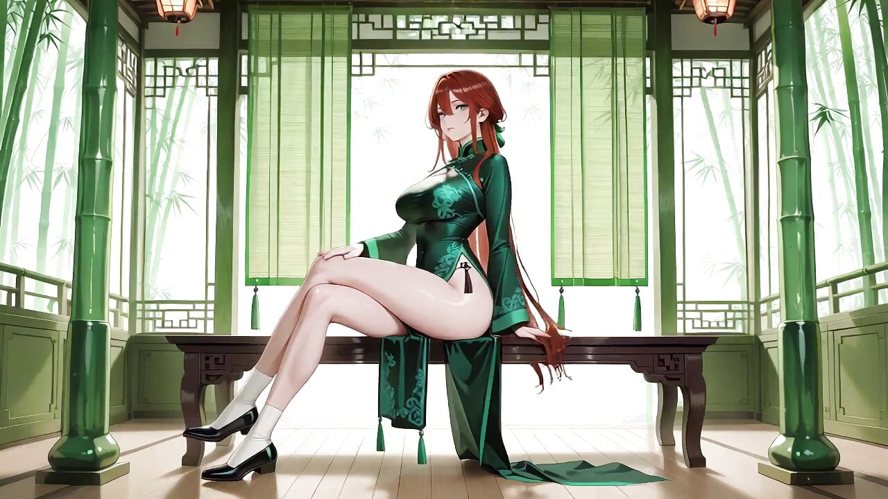 الشعر الأحمر والزمرد Qipao! إغراء كسول في الفناء الشرقي
