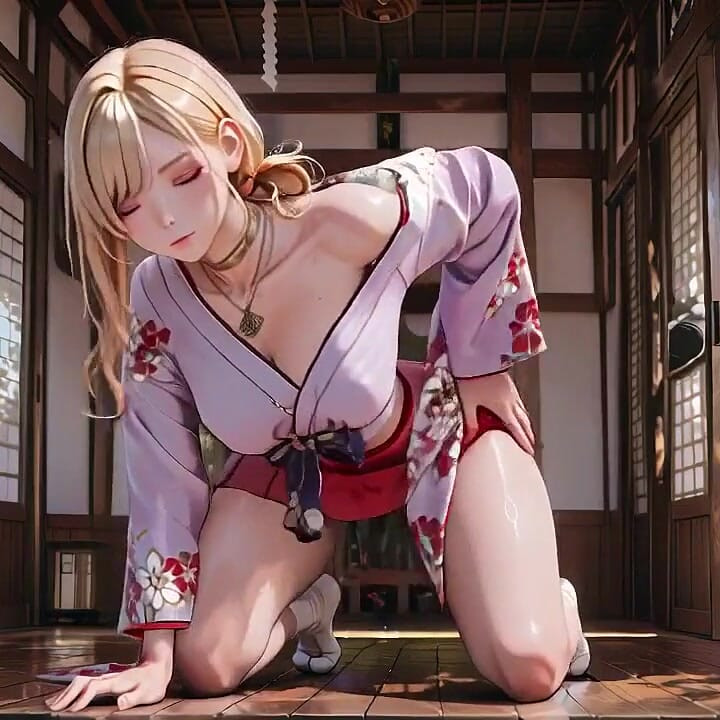 Blonde Goddess in the Japanese Corridor, Lazy Gazes, Hand on Hips, Sunlight Drenching Her Skin.