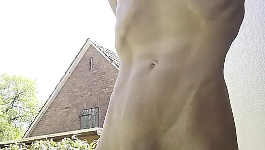 Skinny boy naked pissing und sperm. Piss n sperm flows from big uncut dick outdoor