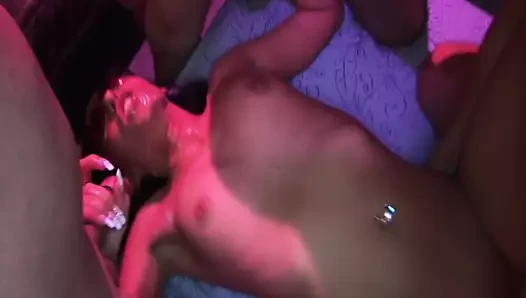 Skinny girl loves gangbang