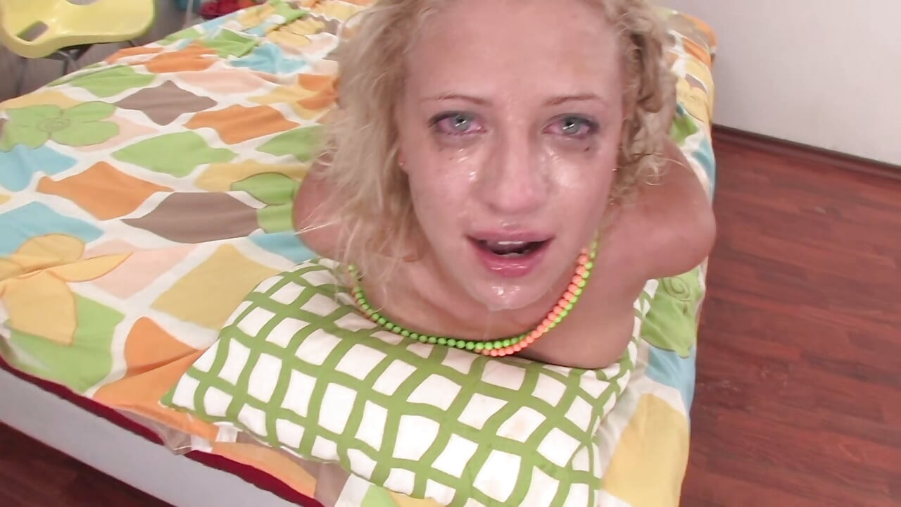 Lovely blonde stepsister loves to gag while taking a big cock deep her throat
