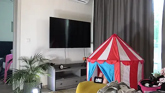 Hot brunette tight pussy petite babe has a circus tent in the middle of the house to play with dicks in it