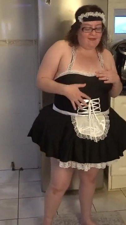 French Maid in the Kitchen Playing with Big Black Dildo