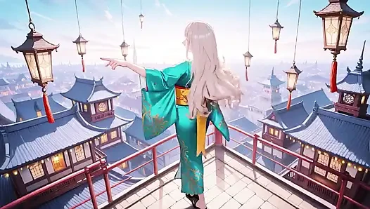Blondine in einem grünen kimono! Faule terrasse lesen, off-schulter-Design ist zu sündig!