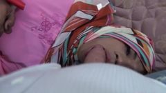 TS ladyboy in hijab tied up, cums while sucking white cock