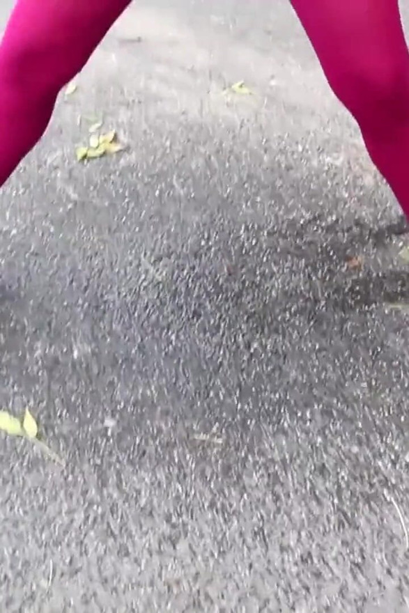 Outdoor pantyhose play and pee trough pantyhose