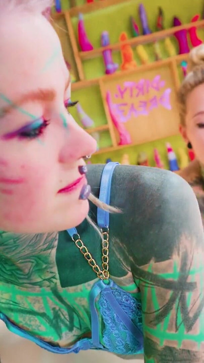 Extreme ALT Latex Strap-On Lesbian Sex - Tattooed Babe, German Dirty Talk | Clip 1