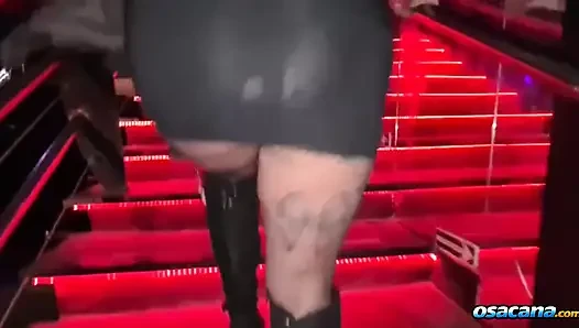 Busty hottie visits swinger house to suck several strangers' dicks