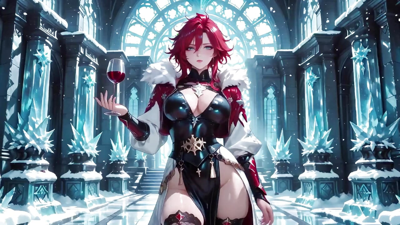 Ice Queen! Red-haired Sorceress Makes a Stunning Entrance in the Crystal Hall, Robe Slightly Open and Staff Tapping Seductively