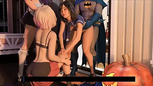 Üç seksi 18 artı minyon kız cadılar bayramında büyük yaraklı adamla eğleniyor