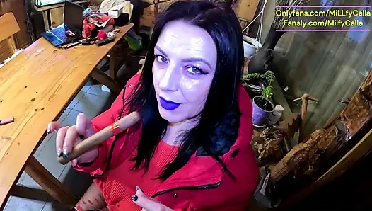 Cigar Blowjob & Ripped Pantyhose - Pussy Massage & Cum on My Downjacket