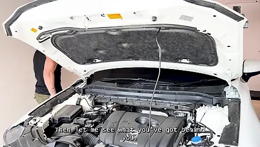 Mechanic fucks a busty beautiful brunette who was desperate for a big cock