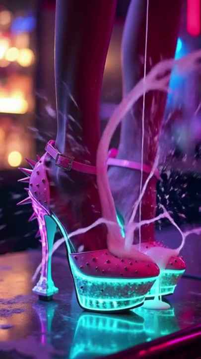 Hot high heels on a counter in a nightclub with messy cumshots on legs, feet and heels. AI-generated | Clip 1