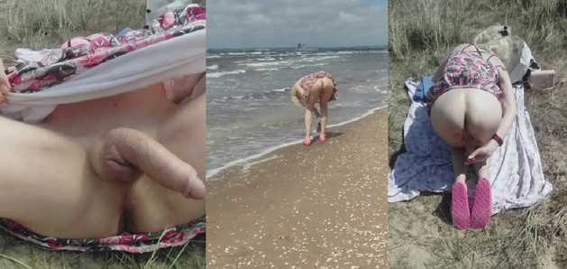 MissRose TS - Trans blonde suédoise Valkyrie, plage de nudistes publique - masturbation dans la jupe - vélo nu sous la robe TS