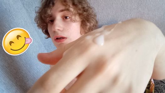 Curly priest actively jerking off and licking his cum