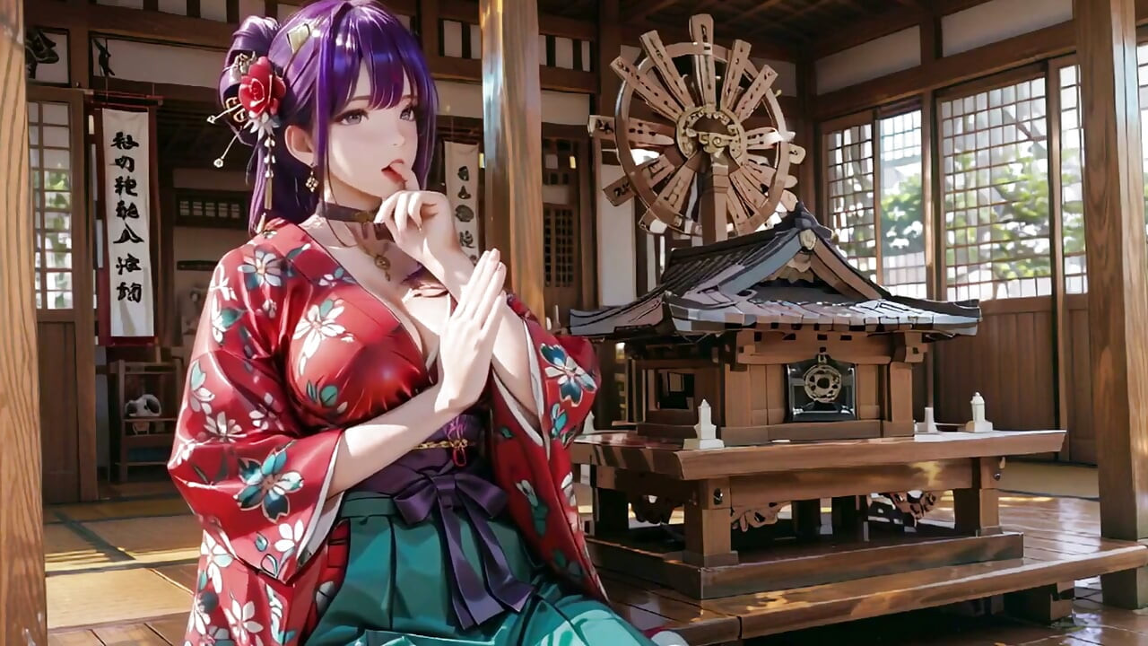 Dimineața privată a fetei cu kimono cu păr violet! Roșu și Verde Clash este nebunie.
