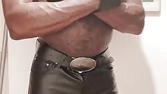 Black Mature Muscle in Leather Fetish Nipple Workout