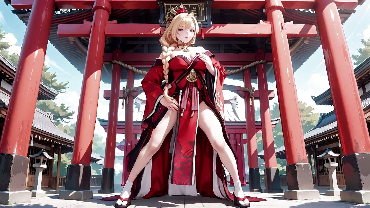 Red & Black Miko! Forbidden Shrine Prayer, High-Slit Hakama Exposure, Golden Goddess's Wet Gaze!