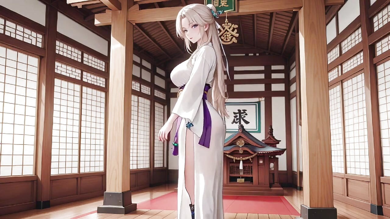 Cameriera bianca in kimono! Inginocchiata nel corridoio giapponese, enorme fessura che rivela cosce bagnate sotto il sole.