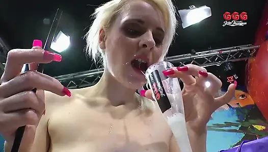 Petite Blonde Gets Into Interracial Gangbang and Bukkake