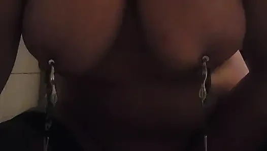 Pain slut: Nipple weights, pussy clamps. Playing with a wand to orgasm.