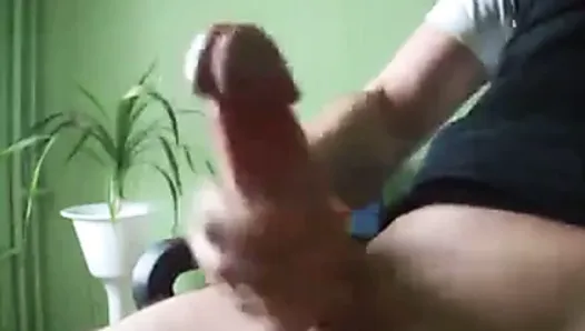 My brother wanks and cums from his big dick