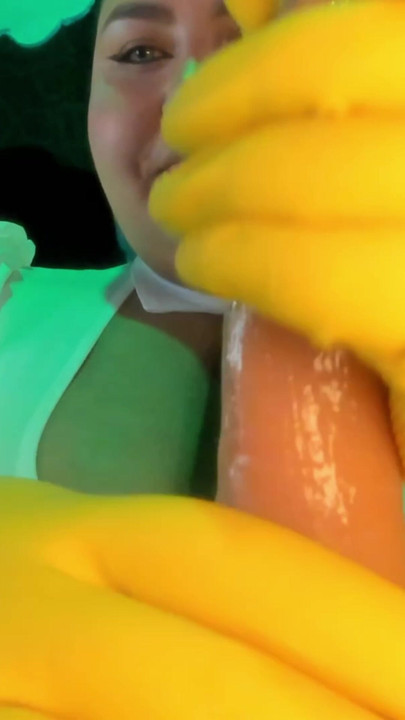 I give myself a nice handjob with my rubber gloves on.