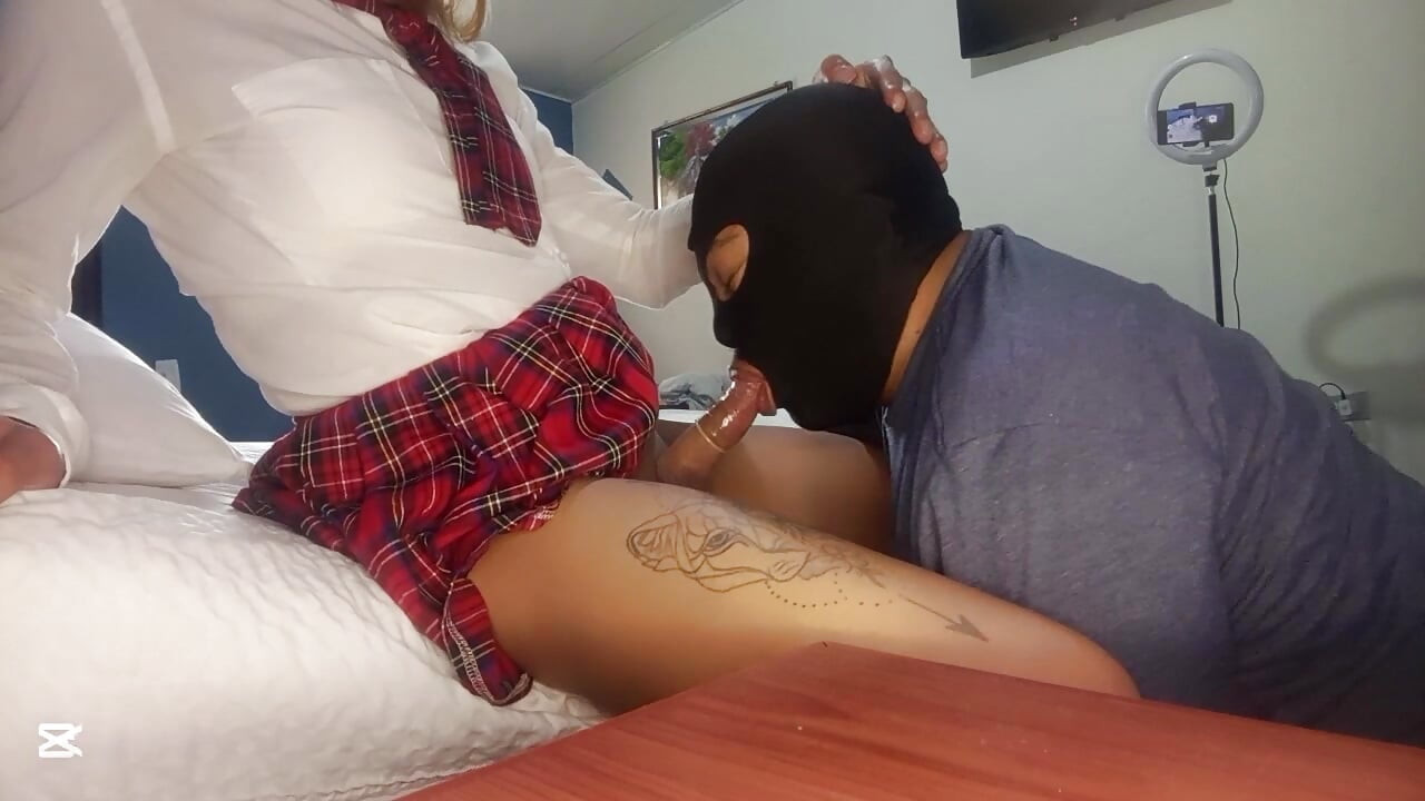 Skinny blonde shemale schoolgirl gets her math teacher to suck