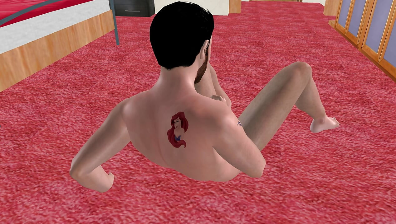 Animado porno gay en 3d - hombre guapo sacudiendo una gran polla sentado y acostado en el piso del dormitorio