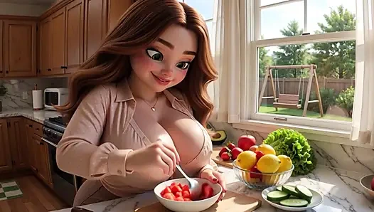 Çizgi film orta yaşlı seksi kadın canlı 3 boyutlu animasyonda şehvetli kıvrımlarla geniş mutfakta şehvetli solo rahatlama