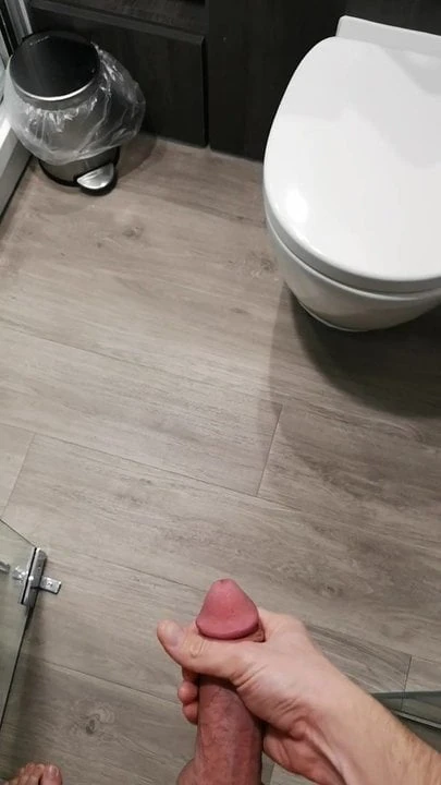 Huge cumshot across the hotel bathroom