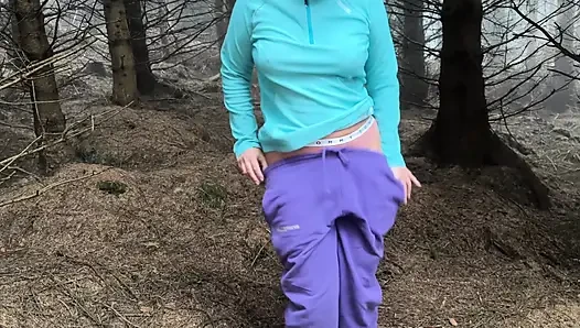 Girl can't gold her pee and pissing again outdoor, compilation