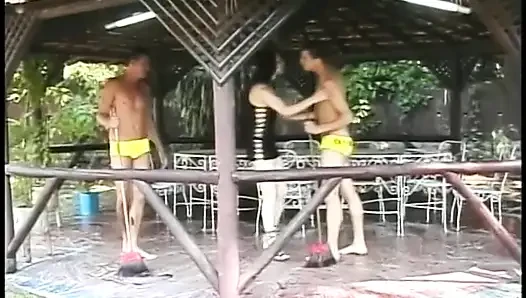 Naughty tranny Barbara Kysivics with raven hair likes when she and two her friends fuck each other piggy-back
