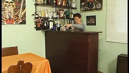 Stockinged gilf gets her hairy pussy dildoed and fucked by young fella