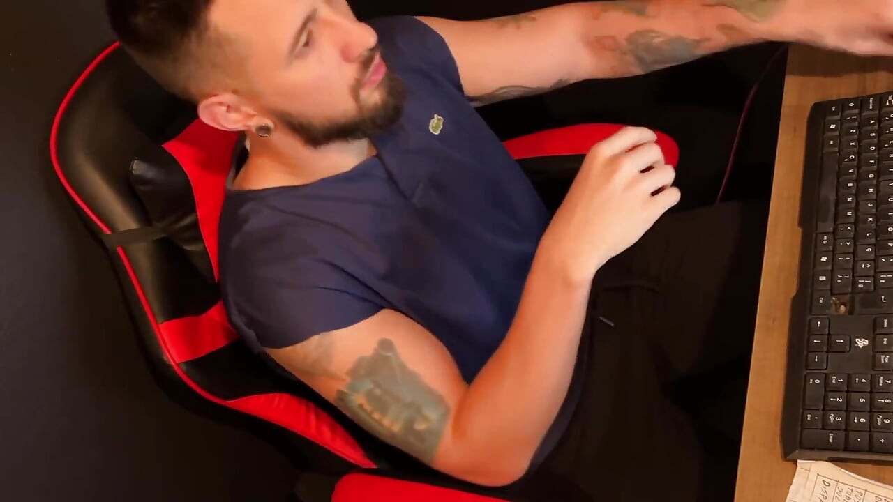 Handjob Sitting in Gamer Chair with Strong Cum Filmed From Above in Secret
