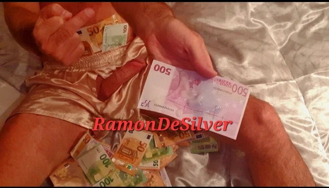 Master Ramon jerks mega decadently on the tribute of his slaves, in a hot silk bed and in sexy golden silk shorts, hot