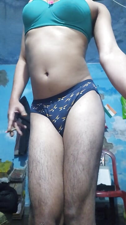 Horny Indian Femboy Wearing His Step Sister's Bra and Panties